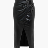 Skórzana Spódnica Midi z Drapowaniem i Rozcięciem