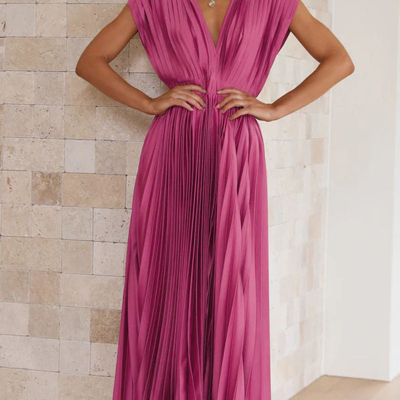 Vivienne | Elegant V-Neck Midi Dress with Pleated Skirt