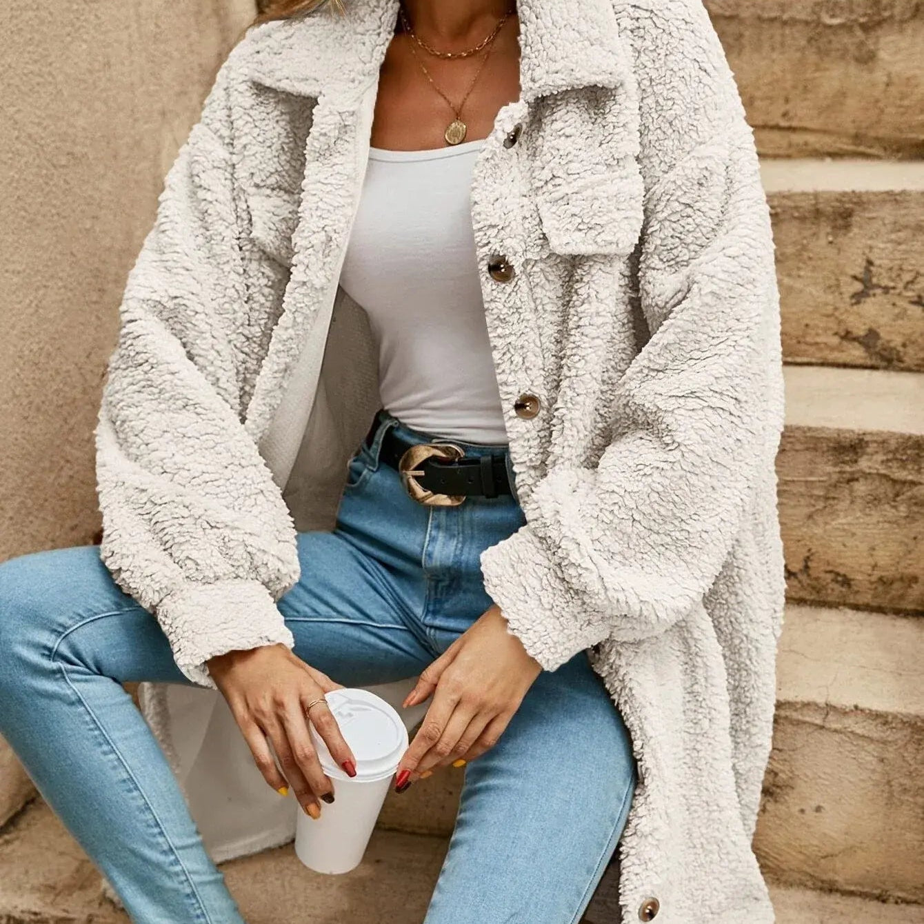 Halie | Bequeme Teddy-Jacke mit Knopfleiste & Brusttaschen