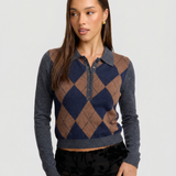 Women Argyle Knit Sweater Casual Slim Fit Pullover