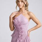 Pleated Ruffle Halterneck Midi Dress