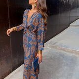 Printed Long Sleeve V Neck Maxi Dress