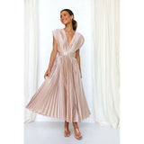 Vivienne | Elegant V-Neck Midi Dress with Pleated Skirt