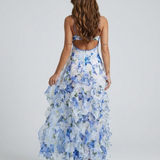 Floral Ruffle Chiffon Maxi Dress — Blue Watercolour