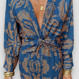 Printed Long Sleeve V Neck Maxi Dress