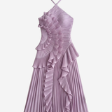 Pleated Ruffle Halterneck Midi Dress