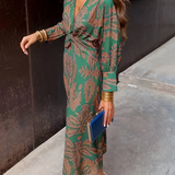 Printed Long Sleeve V Neck Maxi Dress