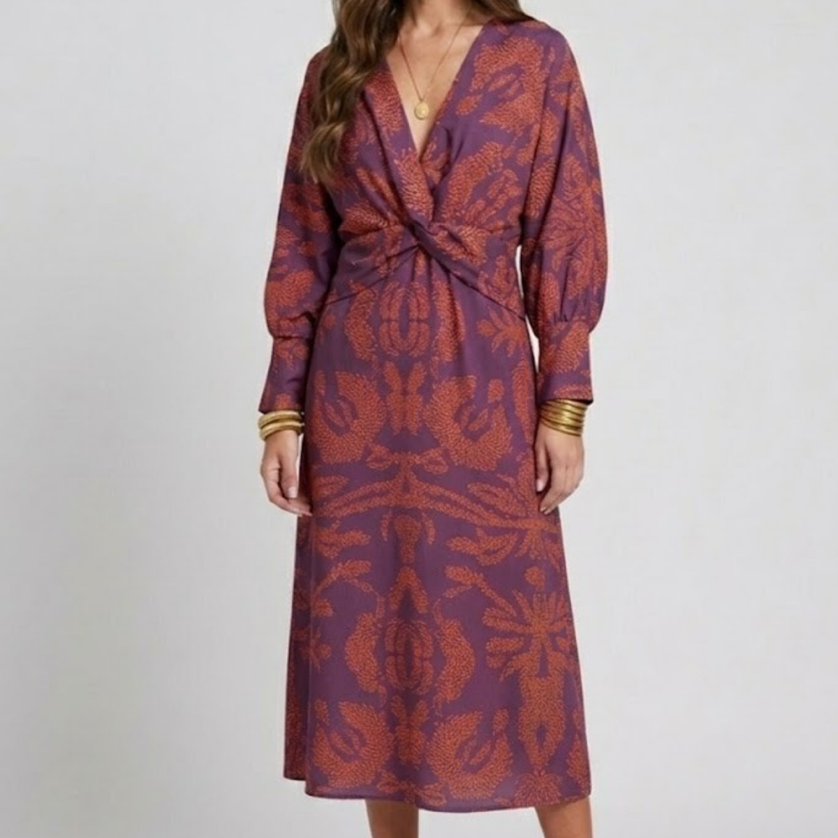 Printed Twist-Front Midi Dress