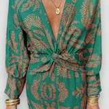 Printed Long Sleeve V Neck Maxi Dress