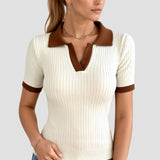 Lässiges Polo Farbe Block gekerbte Kragen gestrickt Top