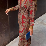 Printed Long Sleeve V Neck Maxi Dress