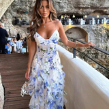 Floral Ruffle Chiffon Maxi Dress — Blue Watercolour