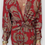 Printed Long Sleeve V Neck Maxi Dress