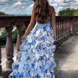 Floral Ruffle Chiffon Maxi Dress — Blue Watercolour