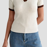 Lässiges Polo Farbe Block gekerbte Kragen gestrickt Top