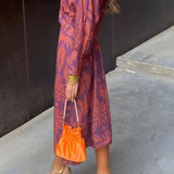 Printed Long Sleeve V Neck Maxi Dress