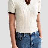 Lässiges Polo Farbe Block gekerbte Kragen gestrickt Top