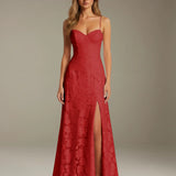 Colette | Floral Lace A-Line Evening Dress with Side Slit