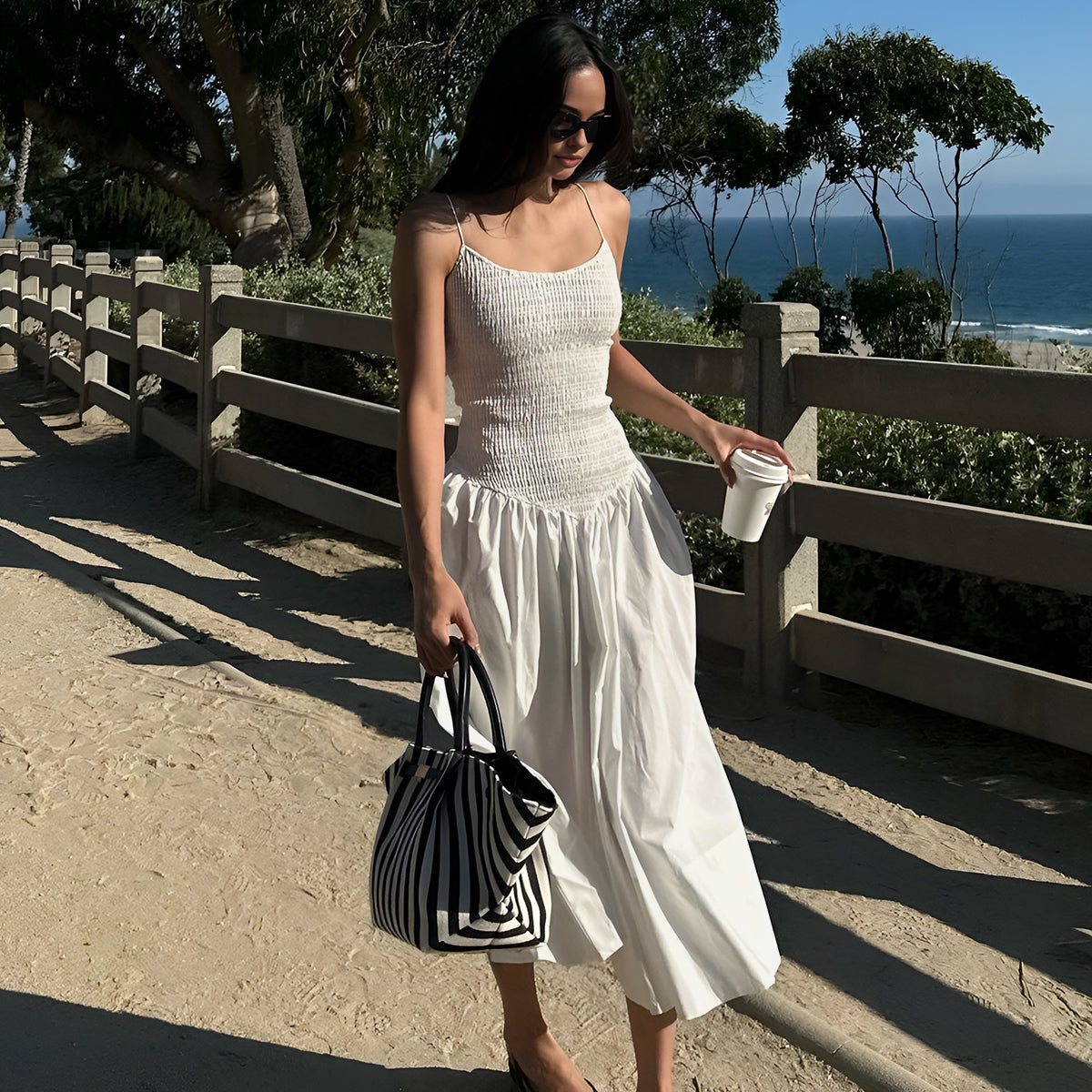 Shirred Bodice Cotton Midi Dress