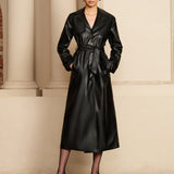 Long Faux Leather Belted Trench Coat