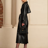 Long Faux Leather Belted Trench Coat