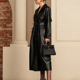 Long Faux Leather Belted Trench Coat