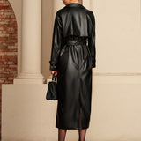 Long Faux Leather Belted Trench Coat