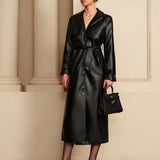 Long Faux Leather Belted Trench Coat