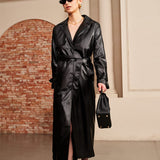 Long Faux Leather Belted Trench Coat