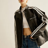 Noah | Schwarze Lederjacke mit Kontraststreifen