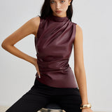 Draped High Neck Sleeveless Top Slim Fit