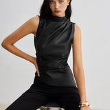 Draped High Neck Sleeveless Top Slim Fit