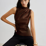 Draped High Neck Sleeveless Top Slim Fit
