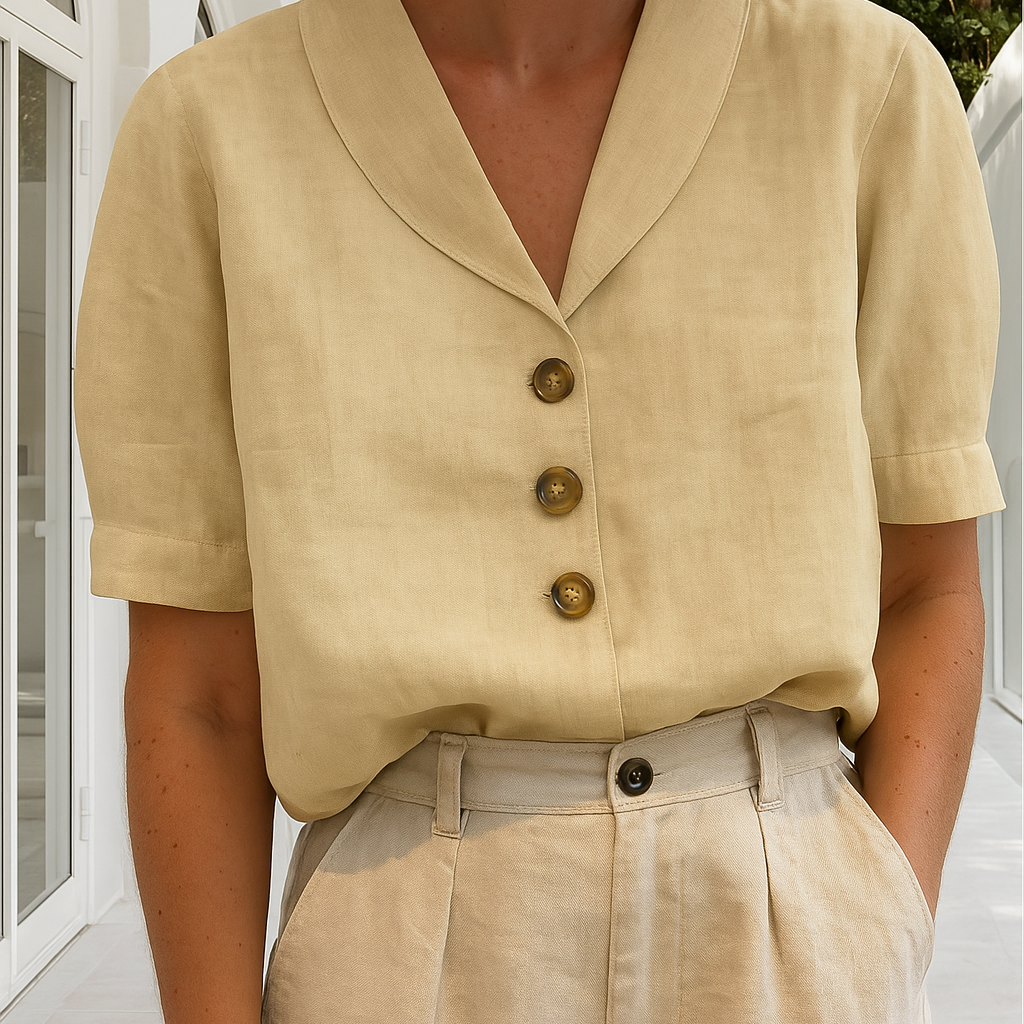Leinenbluse mit kurzem Ärmel und Knopfleiste für Damen