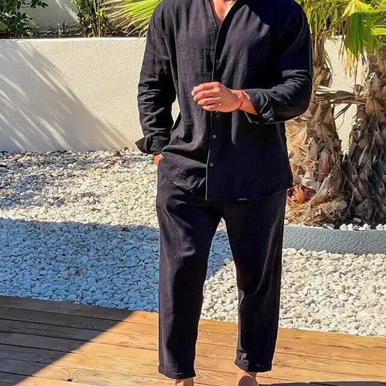 Lässiges Herren Leinen-Set | Hemd mit Stehkragen & Hose