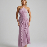 Pleated Ruffle Halterneck Midi Dress