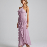 Pleated Ruffle Halterneck Midi Dress