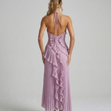 Pleated Ruffle Halterneck Midi Dress