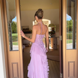 Pleated Ruffle Halterneck Midi Dress
