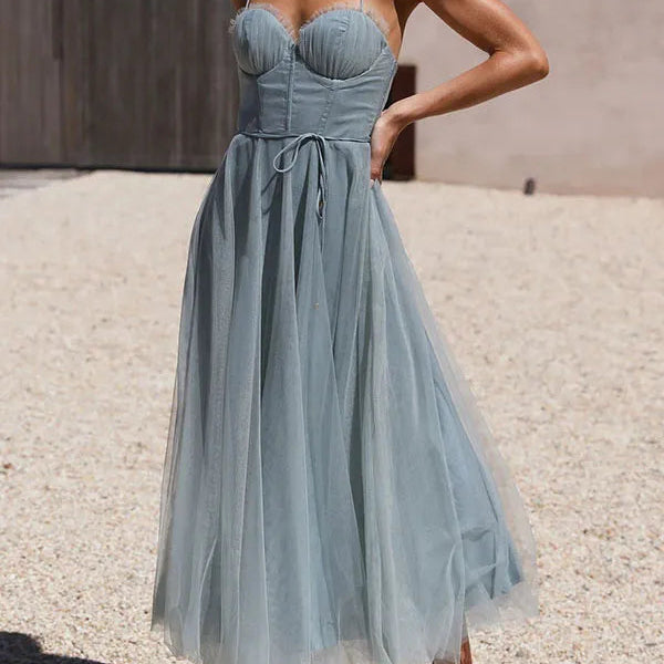 Hailey | Corset Bodice Wedding Guest Dress with Tulle Midi Skirt