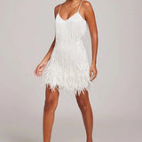 Ewa | Fringe Feather Mini Dress with Spaghetti Straps