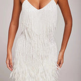 Ewa | Fringe Feather Mini Dress with Spaghetti Straps