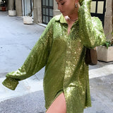 Aishah | Oversized Sequin Shirt Dress with Button-Front Closure