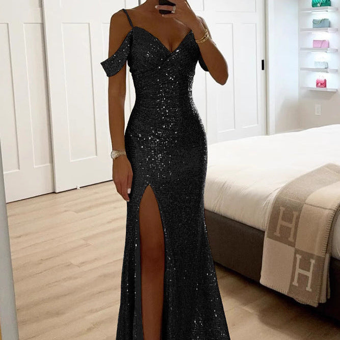 Merrin | Sequin Off-Shoulder Maxi Dress with High Slit