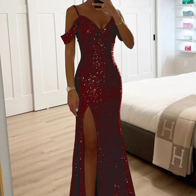 Merrin | Sequin Off-Shoulder Maxi Dress with High Slit