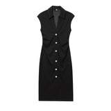 Elegant Tailored Sleeveless Midi Dress with Button Detail