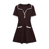 Contrast Trim Zip Front Mini Dress Short Sleeve