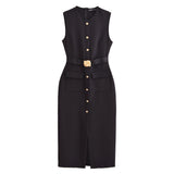Elegant Button Front Midi Dress Sleeveless Tailored Dress
