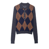 Women Argyle Knit Sweater Casual Slim Fit Pullover