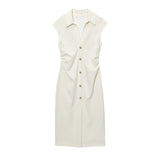 Elegant Tailored Sleeveless Midi Dress with Button Detail
